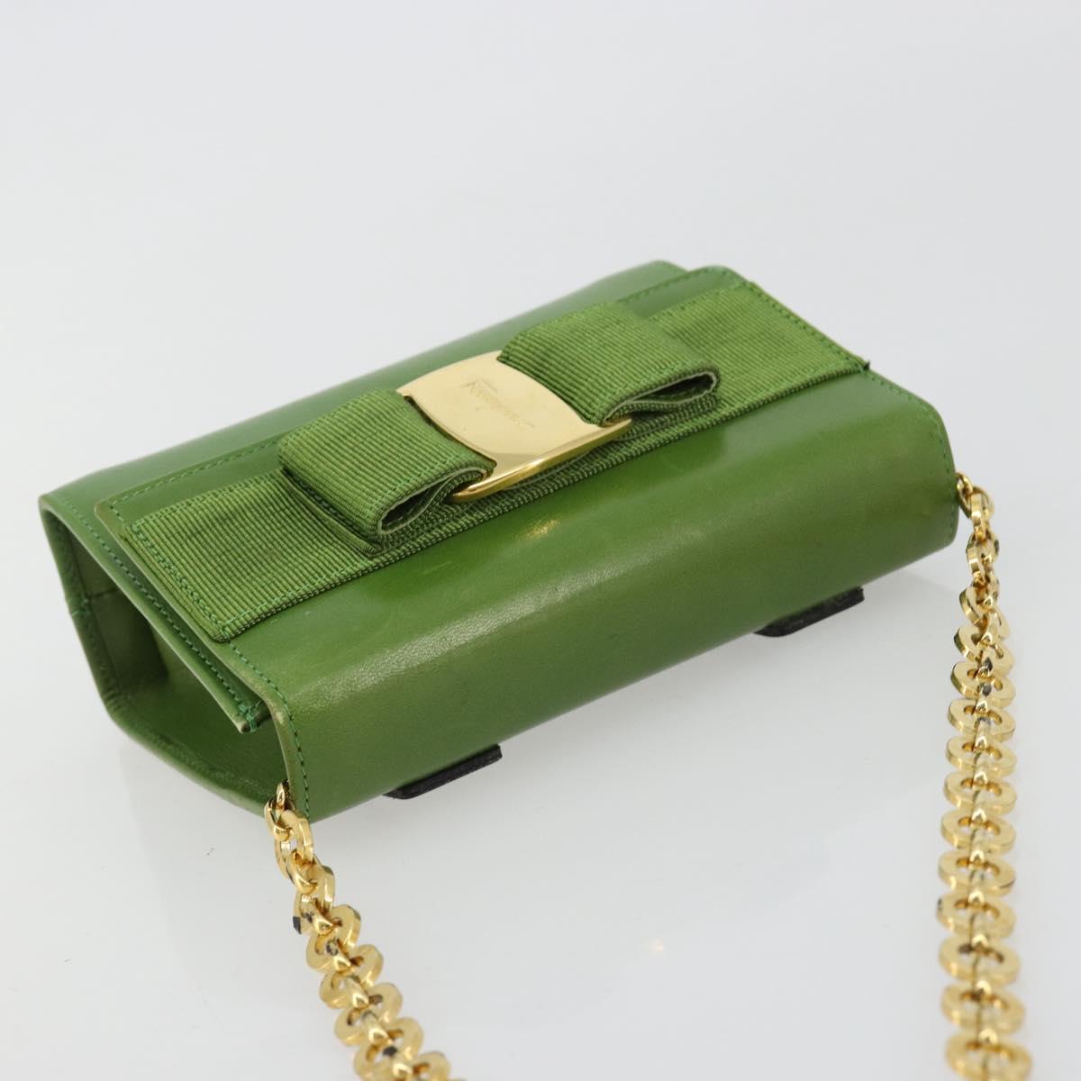 Salvatore Ferragamo Vara Ribbon Chain Bag Leather Green Gold Auth BA12890