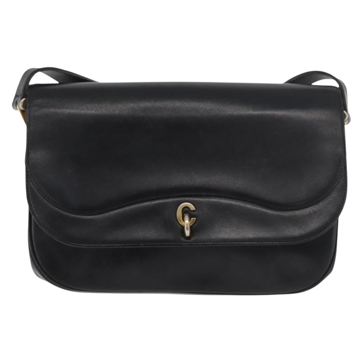 Christian Dior Shoulder Bag Leather Black Gold Auth BA12894