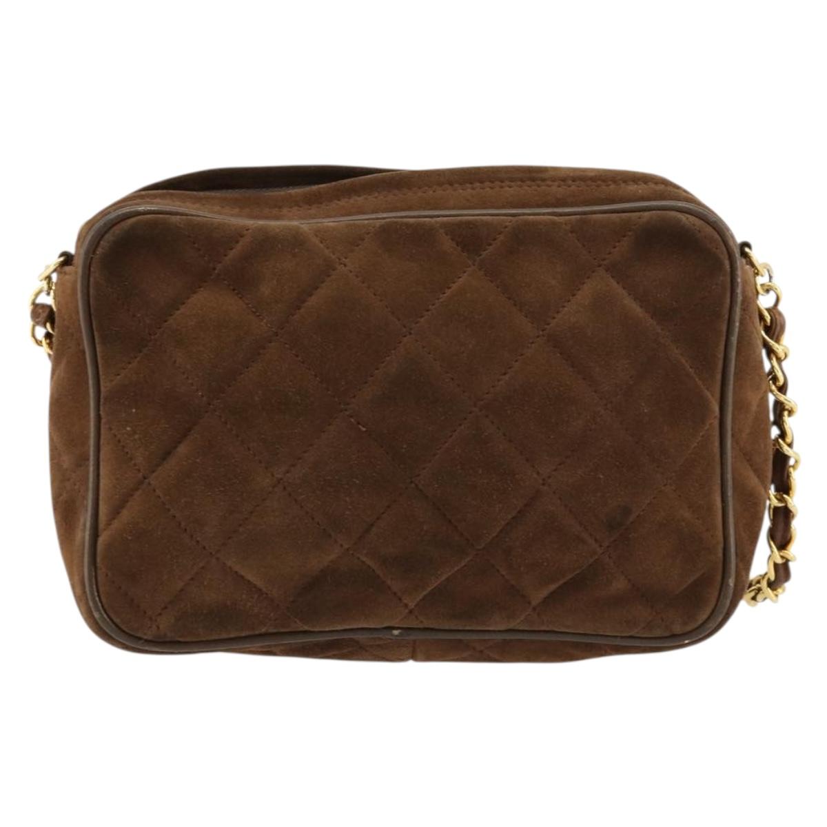 CHANEL Matelasse Chain Shoulder Bag Suede Brown Gold CC Auth BA12895