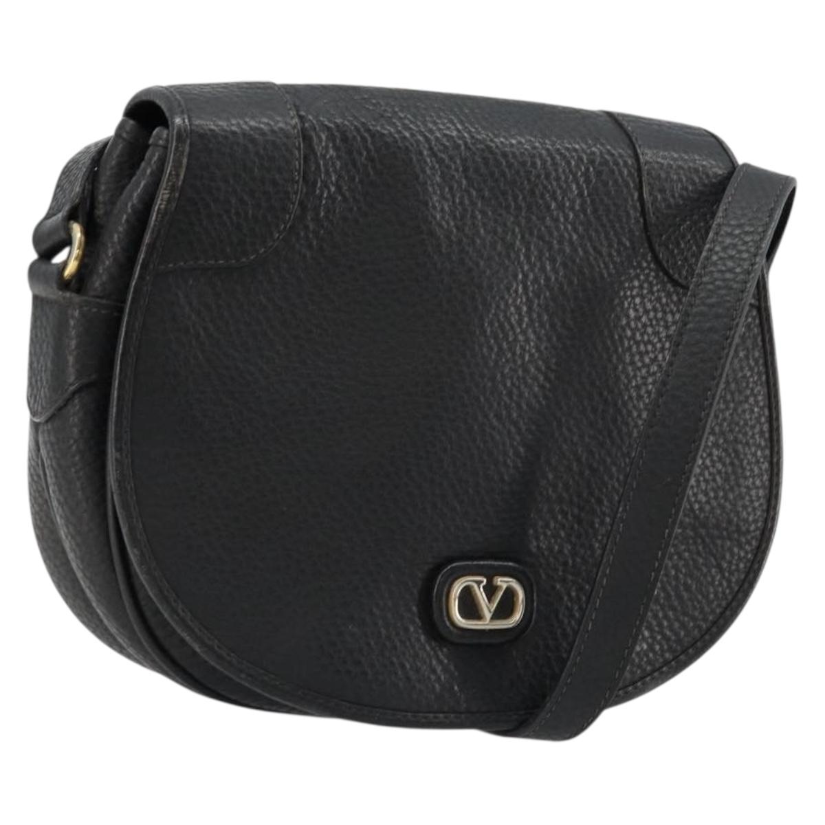 VALENTINO Shoulder Bag Leather Black Gold Auth BA12898