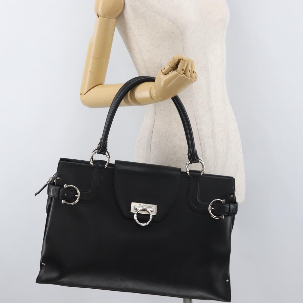 Salvatore Ferragamo Gancini Hand Bag Leather Black Silver Auth BA12902