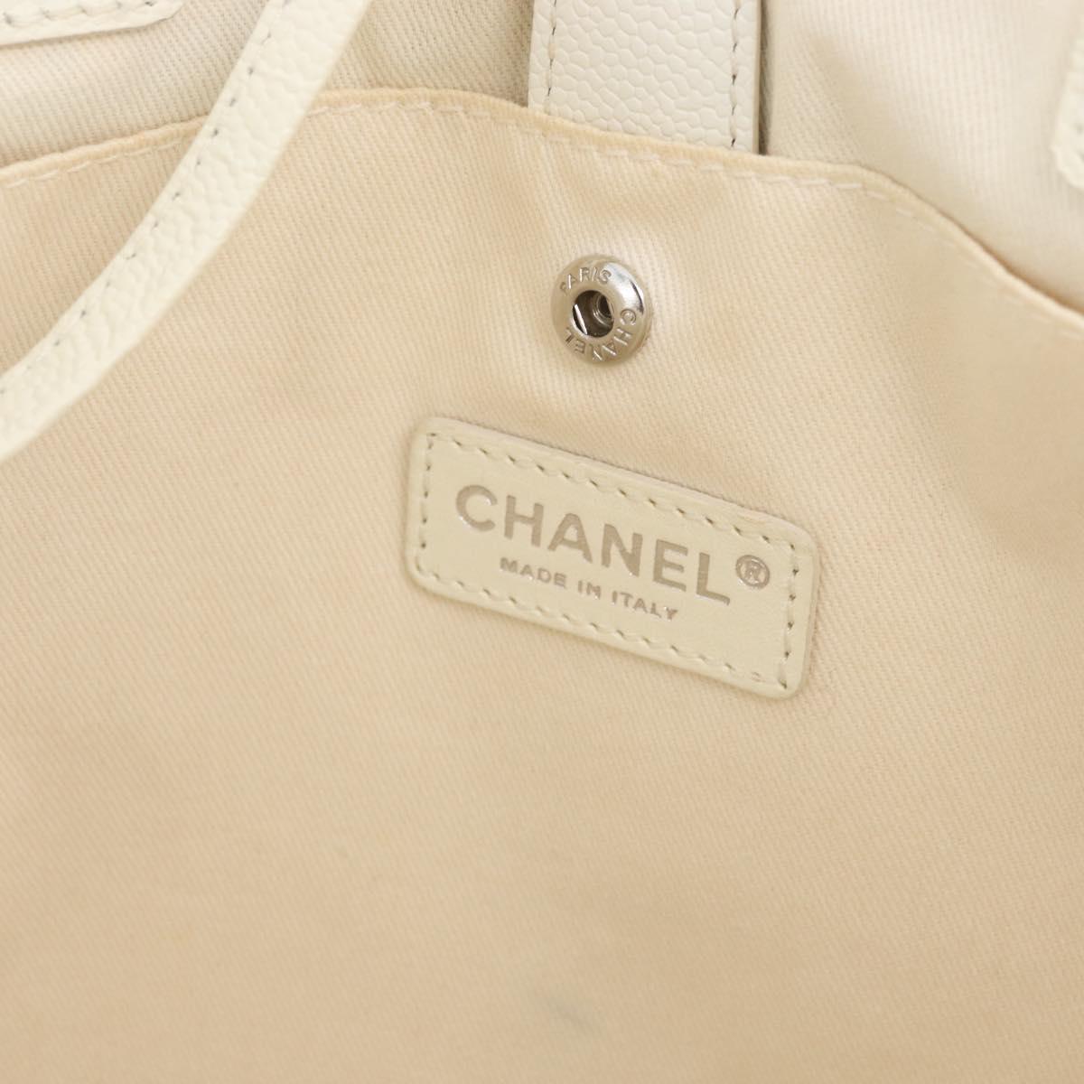 CHANEL Tote Bag Canvas White Silver CC Auth BA12904A