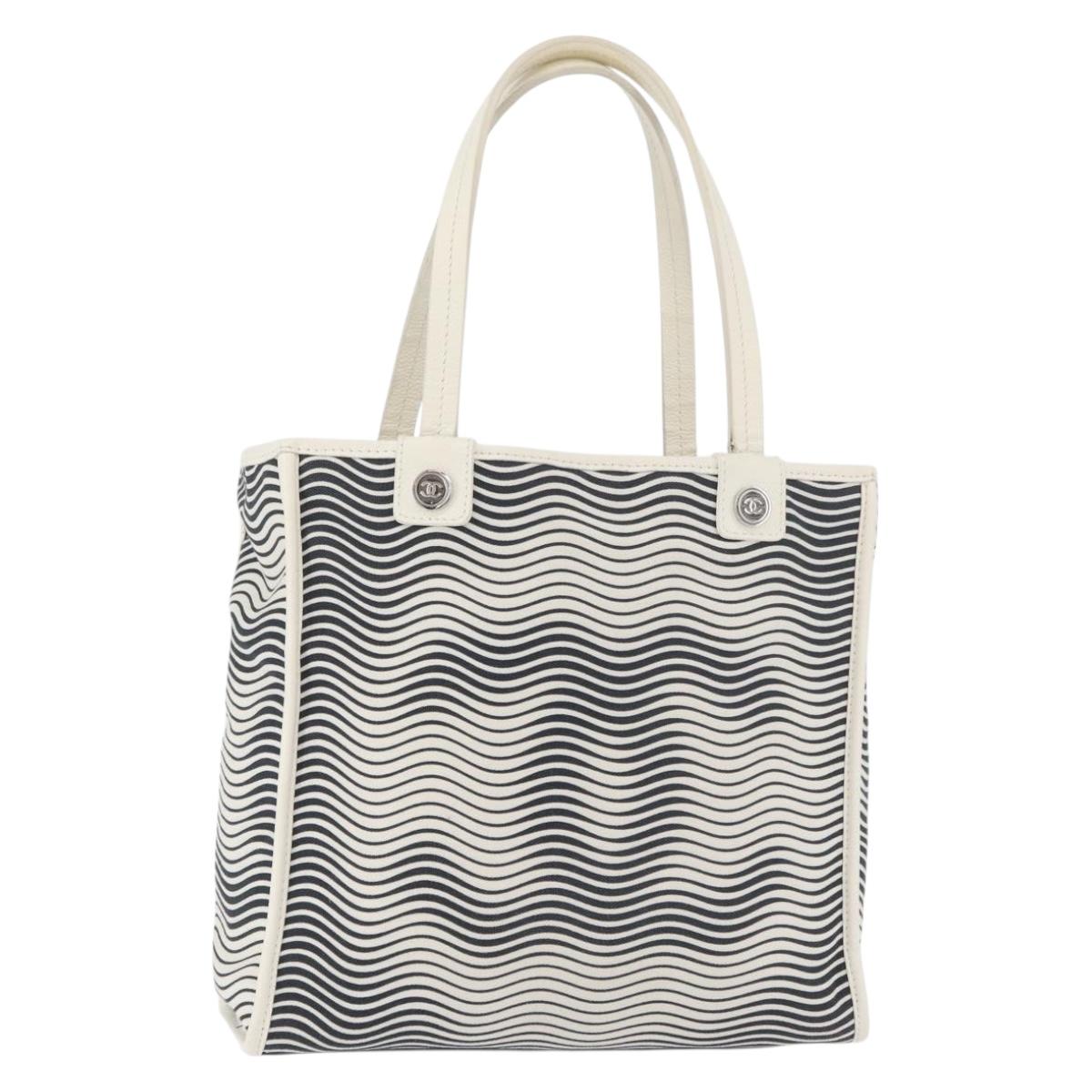 CHANEL Tote Bag Canvas White Silver CC Auth BA12904A