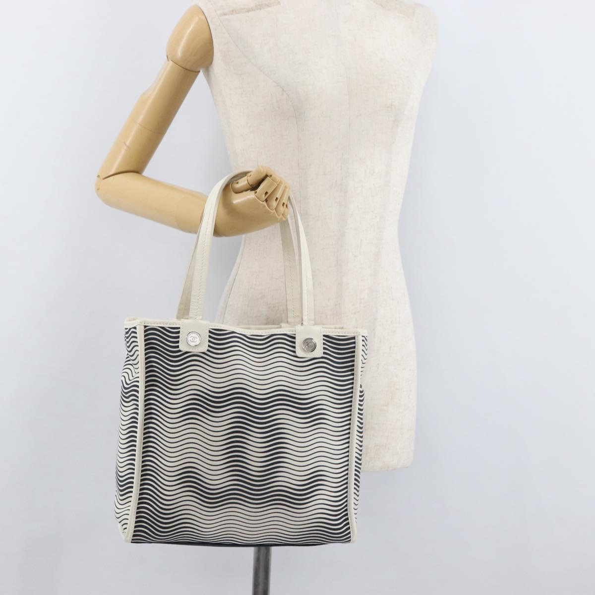 CHANEL Tote Bag Canvas White Silver CC Auth BA12904A