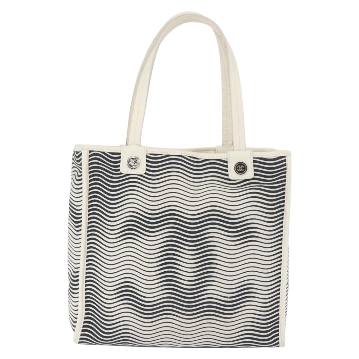 CHANEL Tote Bag Canvas White Silver CC Auth BA12904A