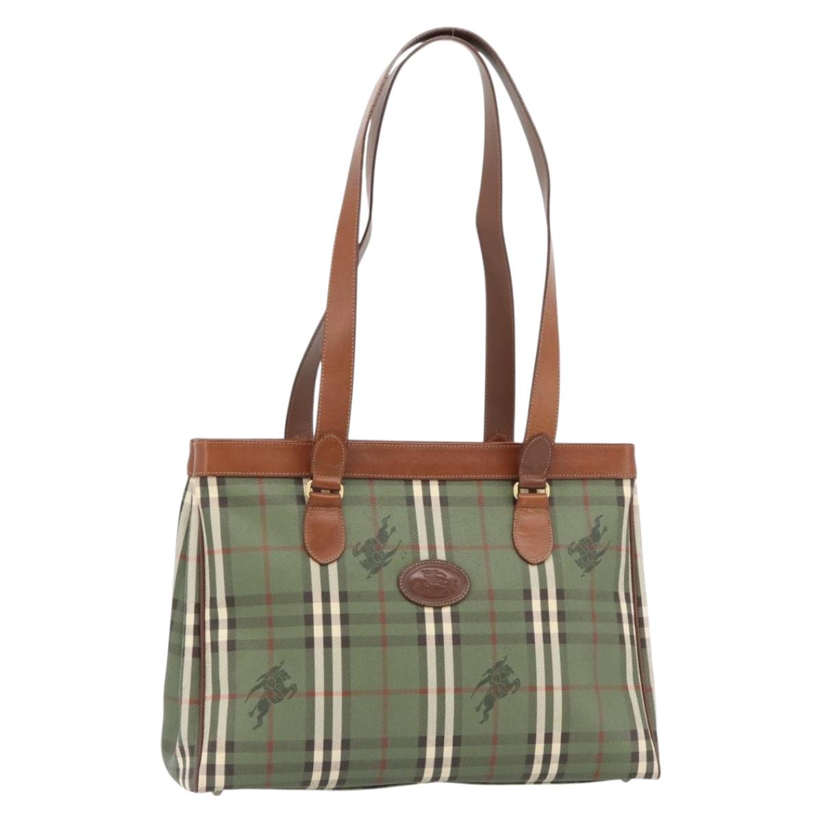 Burberrys Nova Check Tote Bag PVC Green Gold Auth BA12905