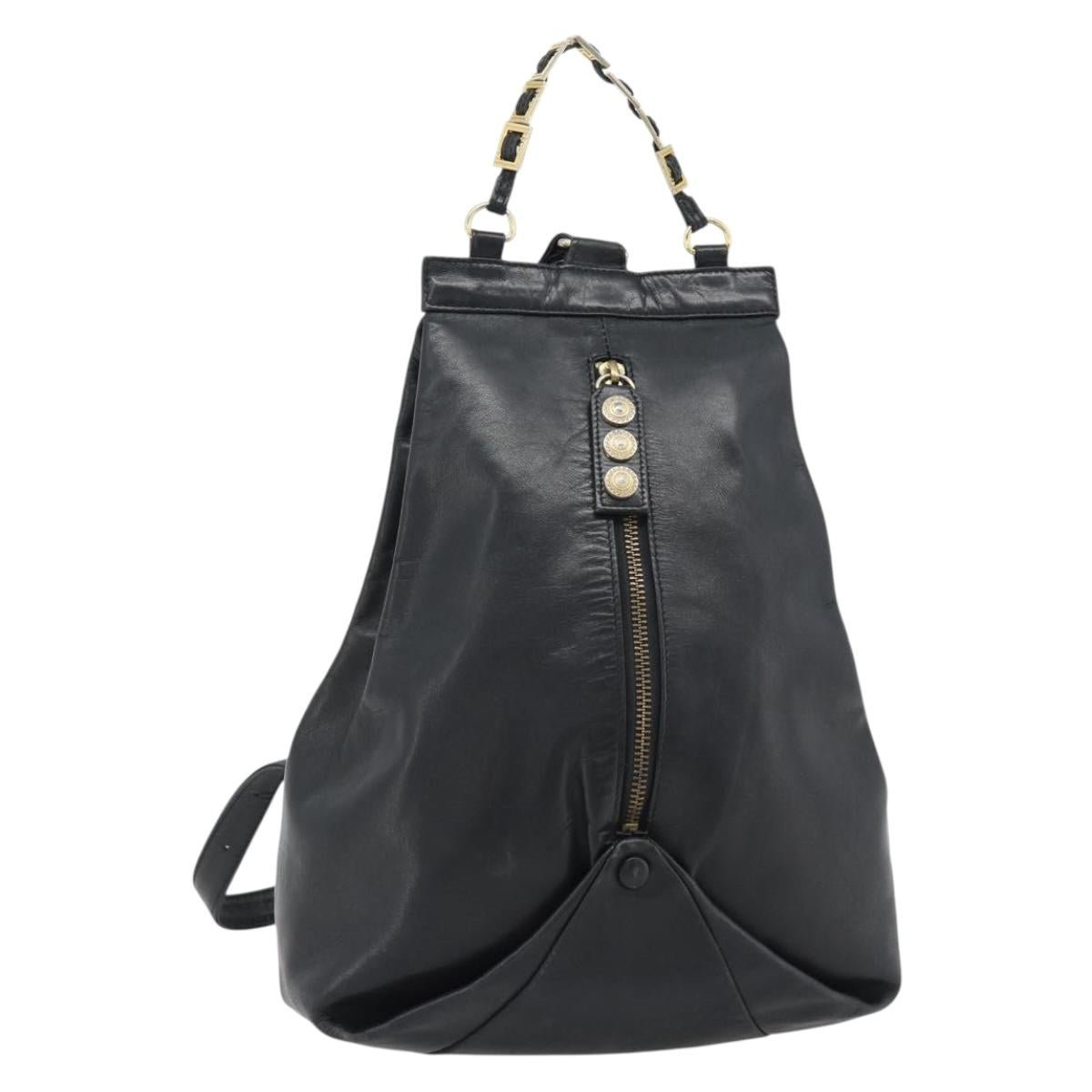 Gianni Versace Backpack Leather Black Gold Auth BA12927