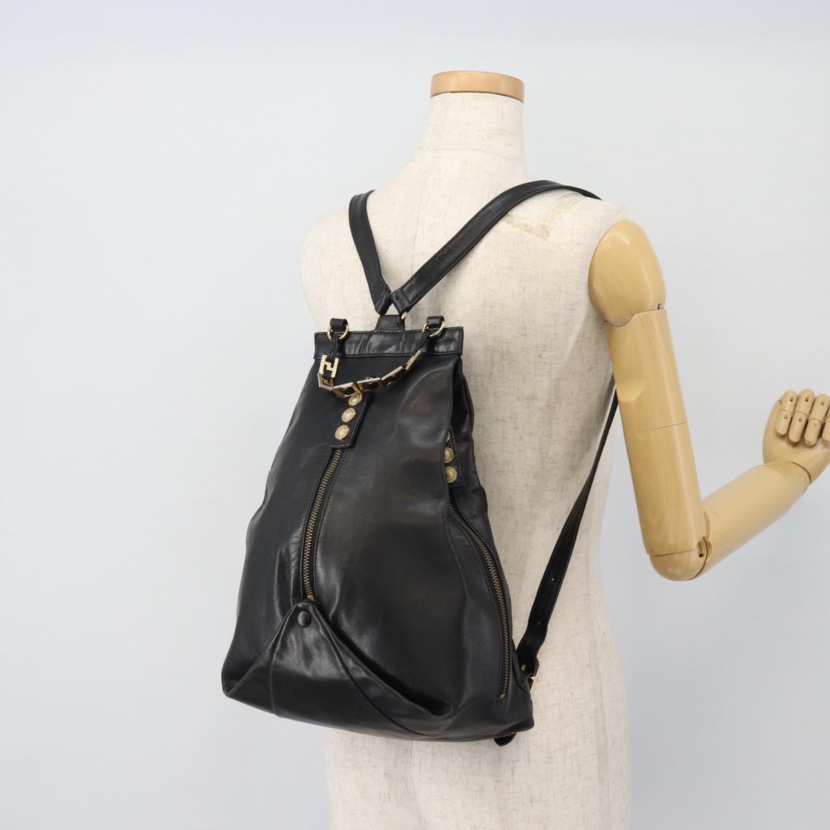 Gianni Versace Backpack Leather Black Gold Auth BA12927
