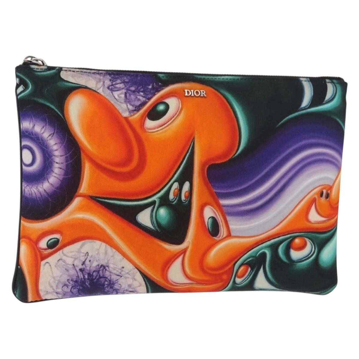 Christian Dior Pouch Nylon Orange Silver Auth BA12933