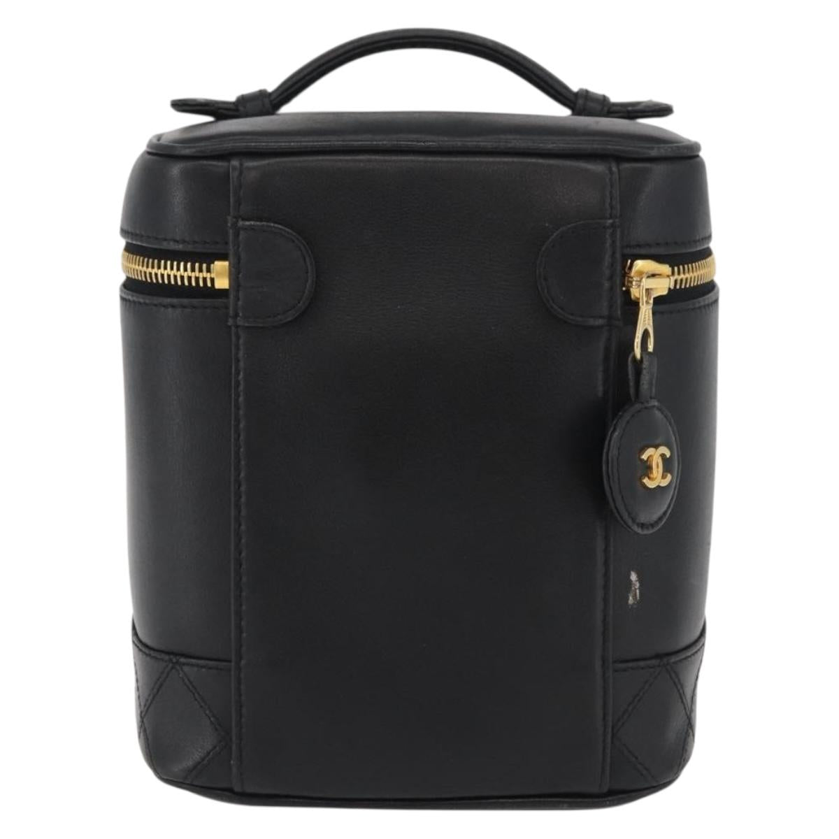 CHANEL Bicolore Vanity Hand Bag Leather Black Gold CC Auth BA12943A