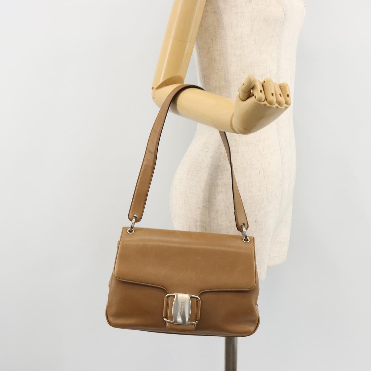 Salvatore Ferragamo Vala Hand Bag Leather Brown Silver Auth BA12946A