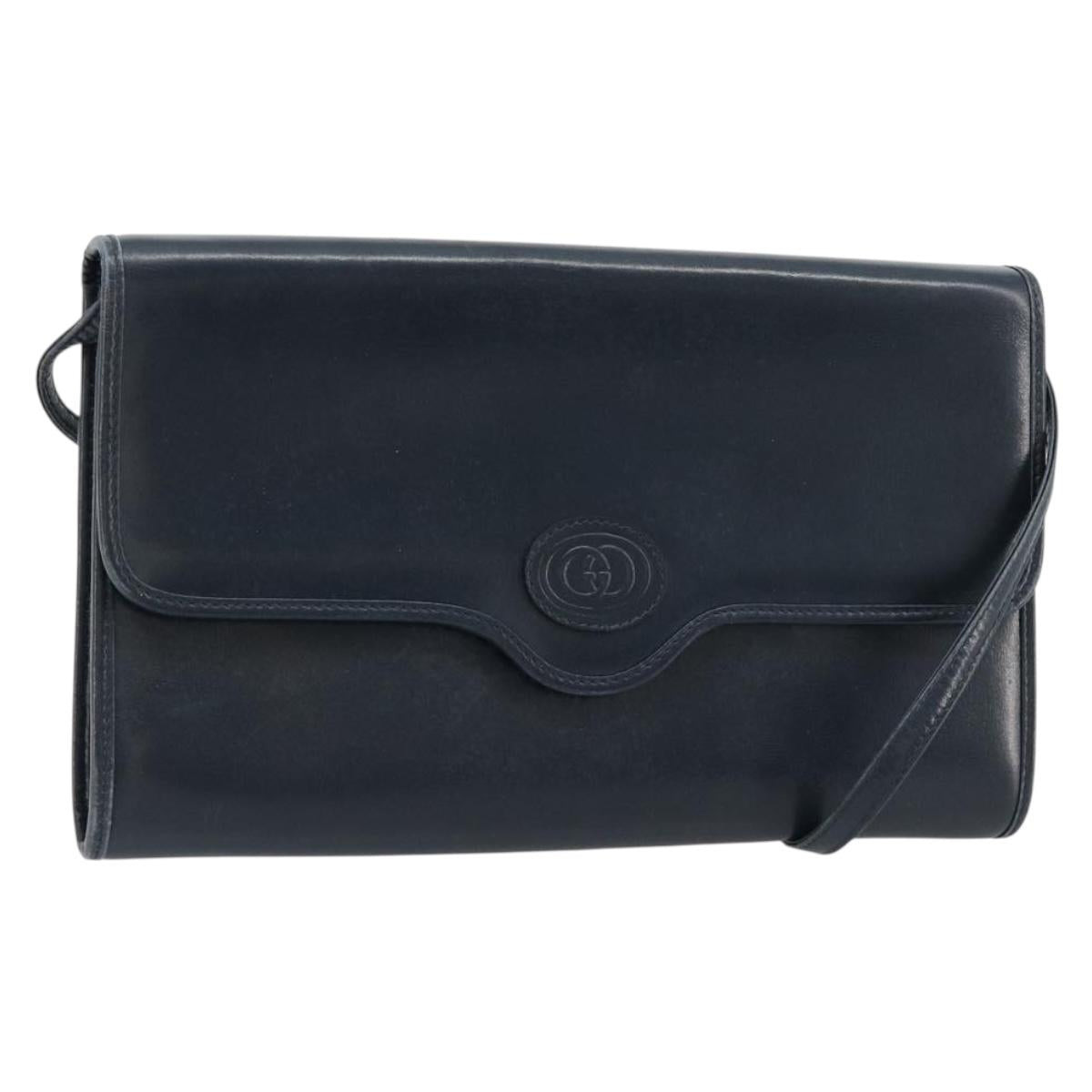 GUCCI Shoulder Bag Leather Navy Gold Auth BA12947