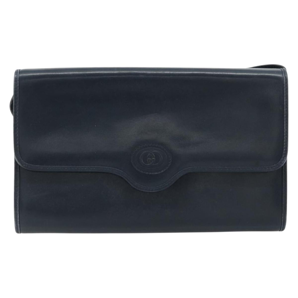GUCCI Shoulder Bag Leather Navy Gold Auth BA12947