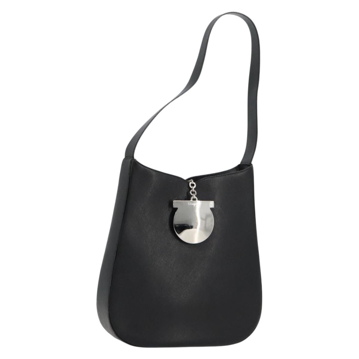 Salvatore Ferragamo Gancini Shoulder Bag Leather Black Silver Auth BA12954