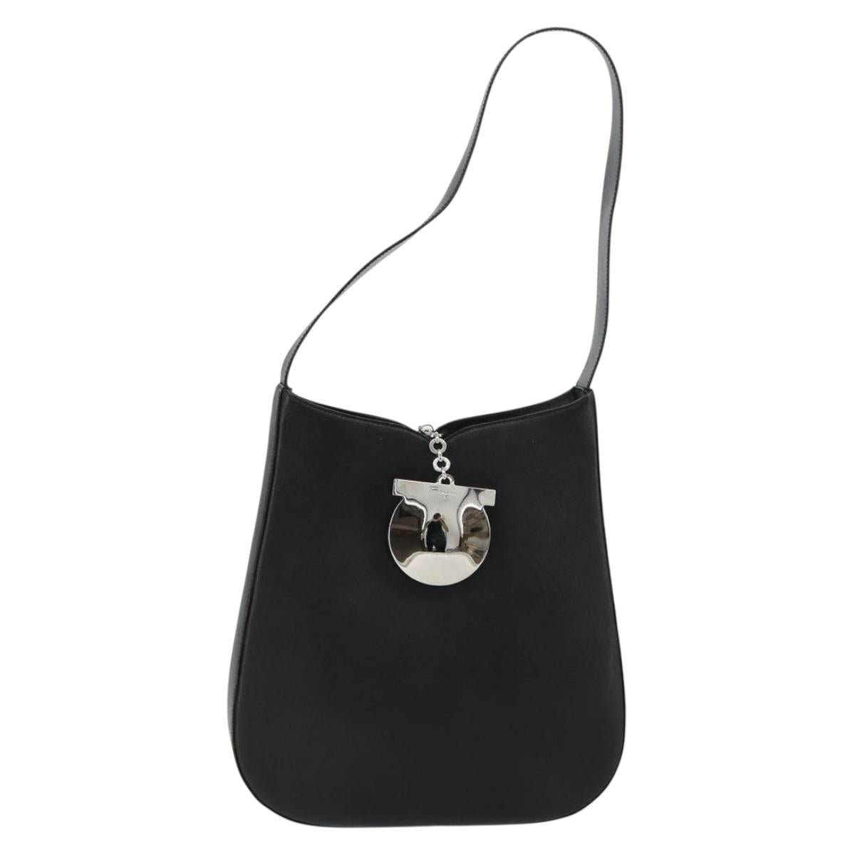 Salvatore Ferragamo Gancini Shoulder Bag Leather Black Silver Auth BA12954