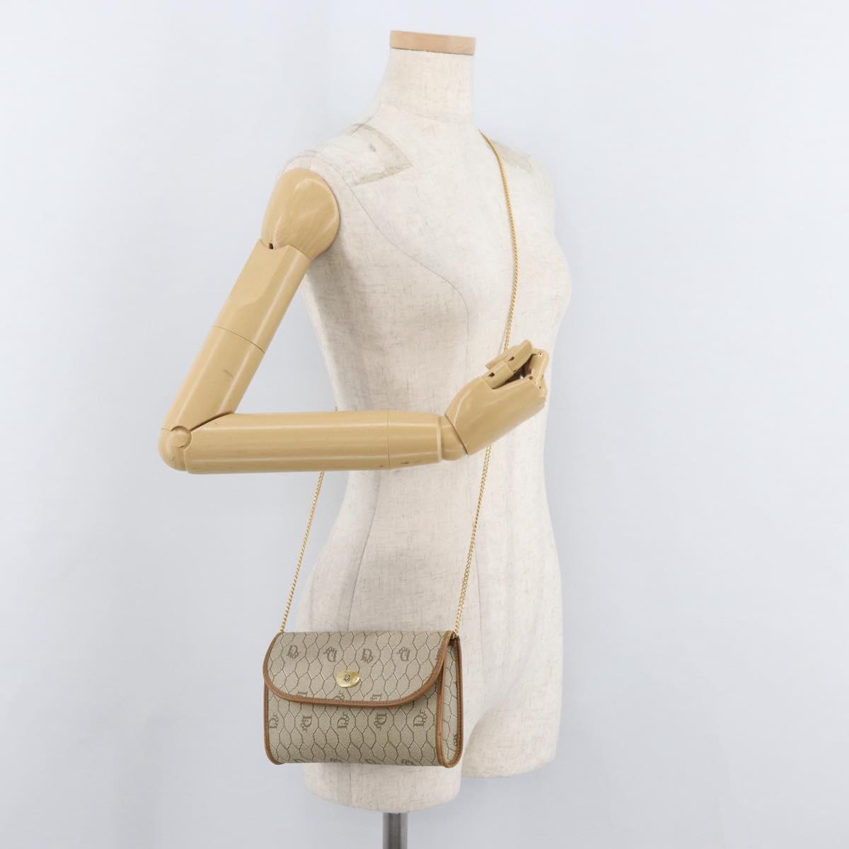 Christian Dior Honeycomb Canvas Chain Shoulder Bag PVC Beige Gold Auth BA12955A