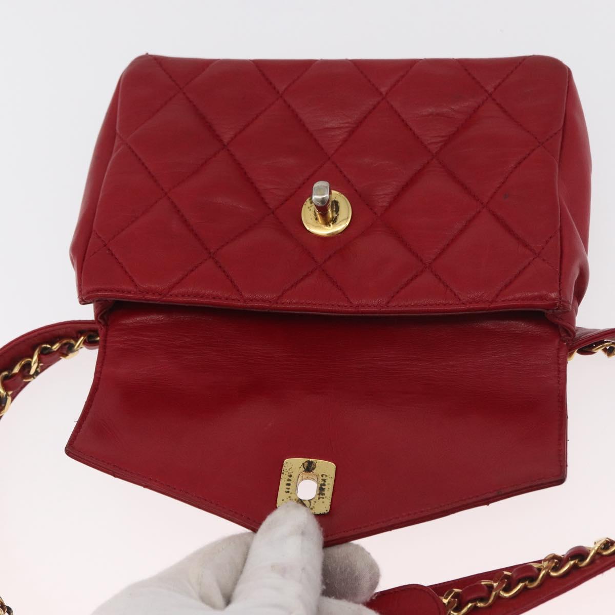 CHANEL Matelasse Waist Bag Lamb Skin Red Gold CC Auth BA12963