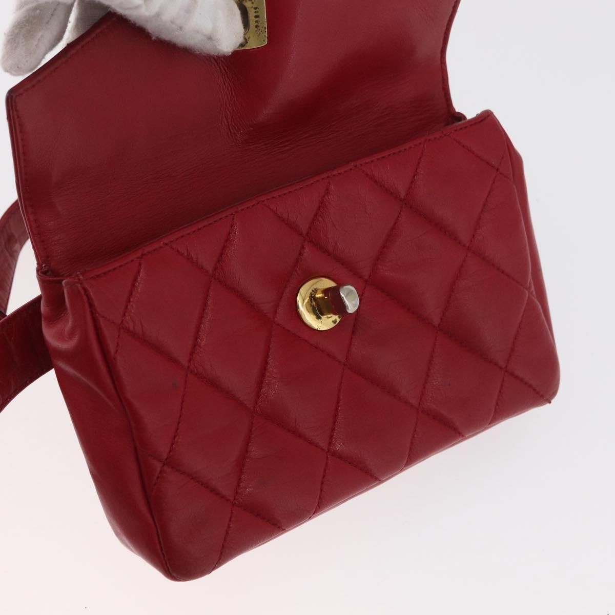CHANEL Matelasse Waist Bag Lamb Skin Red Gold CC Auth BA12963