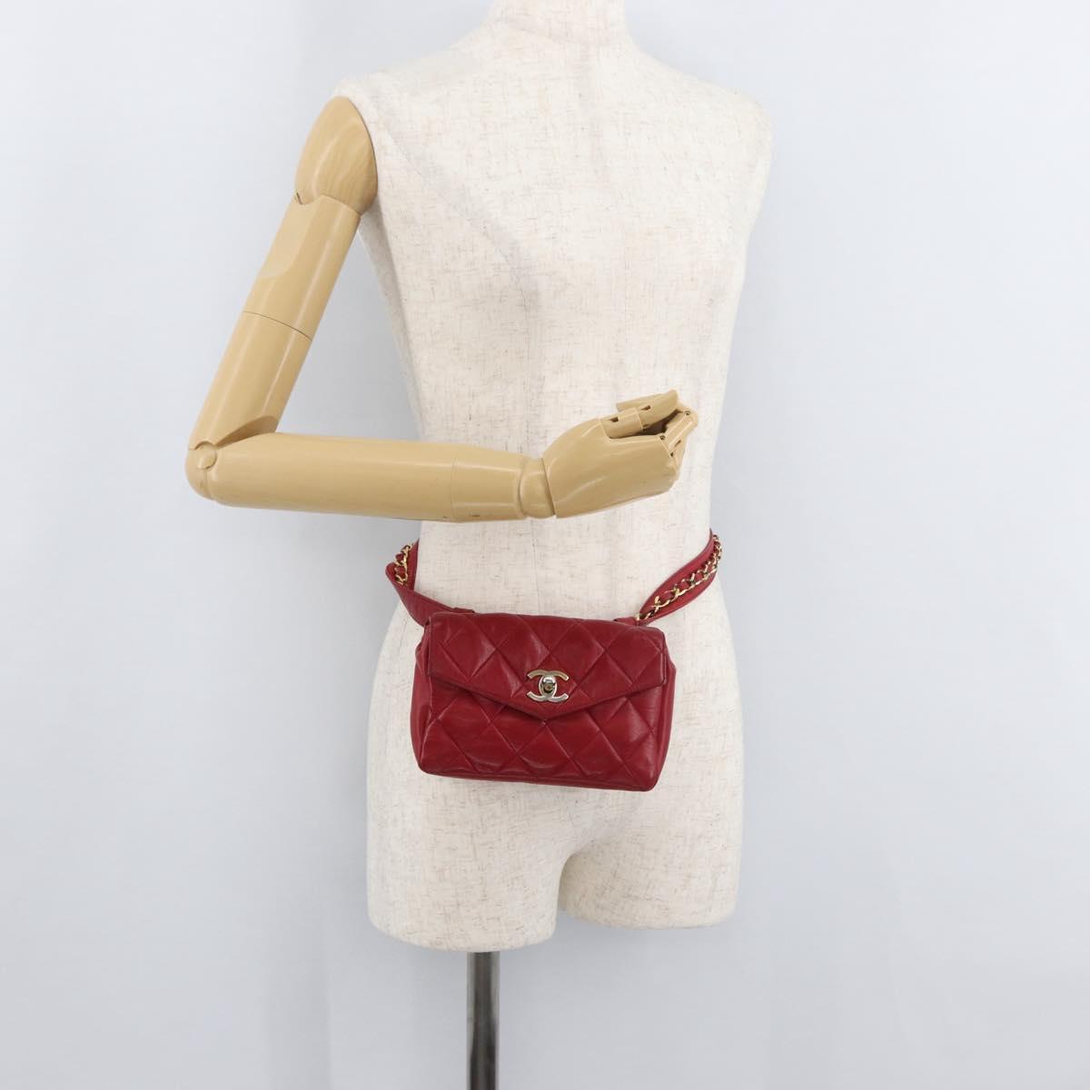 CHANEL Matelasse Waist Bag Lamb Skin Red Gold CC Auth BA12963