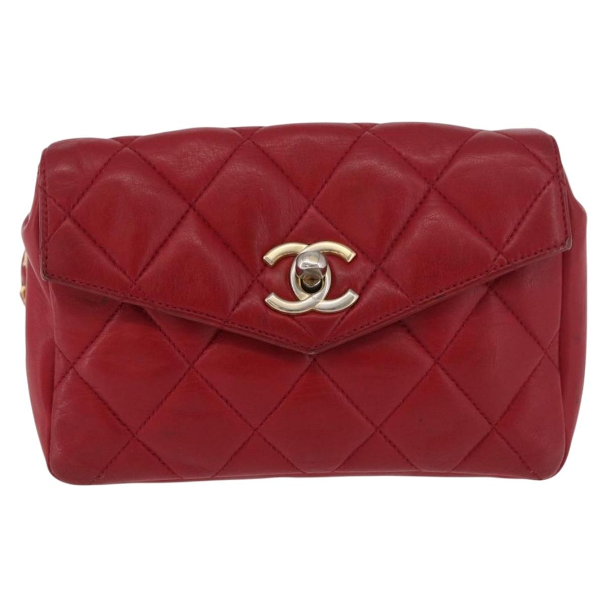 CHANEL Matelasse Waist Bag Lamb Skin Red Gold CC Auth BA12963