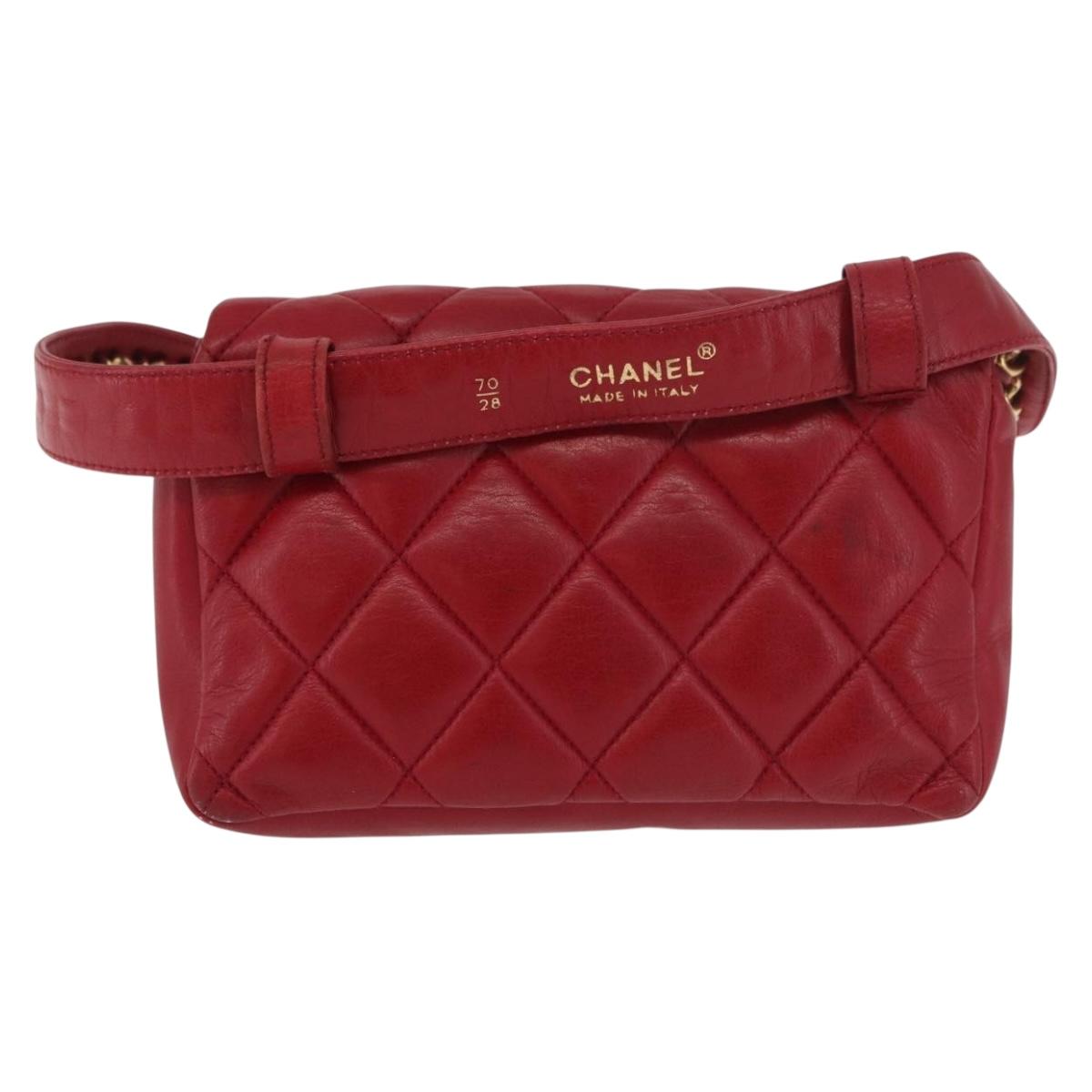 CHANEL Matelasse Waist Bag Lamb Skin Red Gold CC Auth BA12963