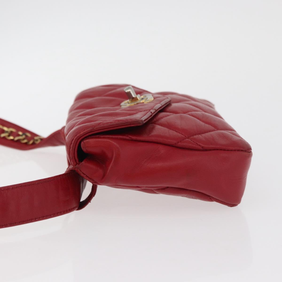 CHANEL Matelasse Waist Bag Lamb Skin Red Gold CC Auth BA12963