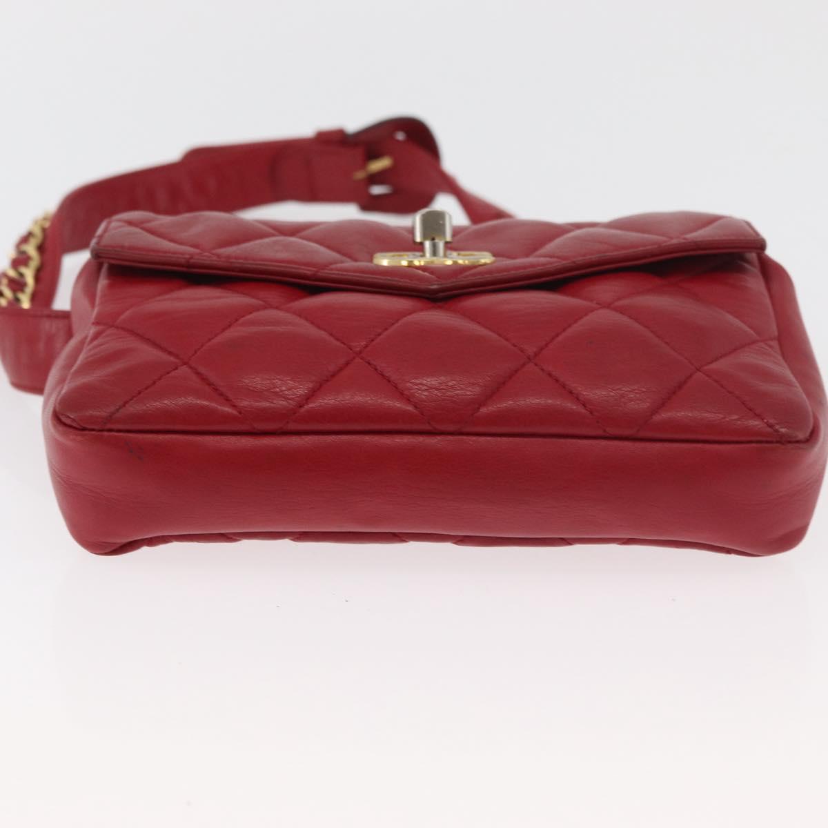 CHANEL Matelasse Waist Bag Lamb Skin Red Gold CC Auth BA12963