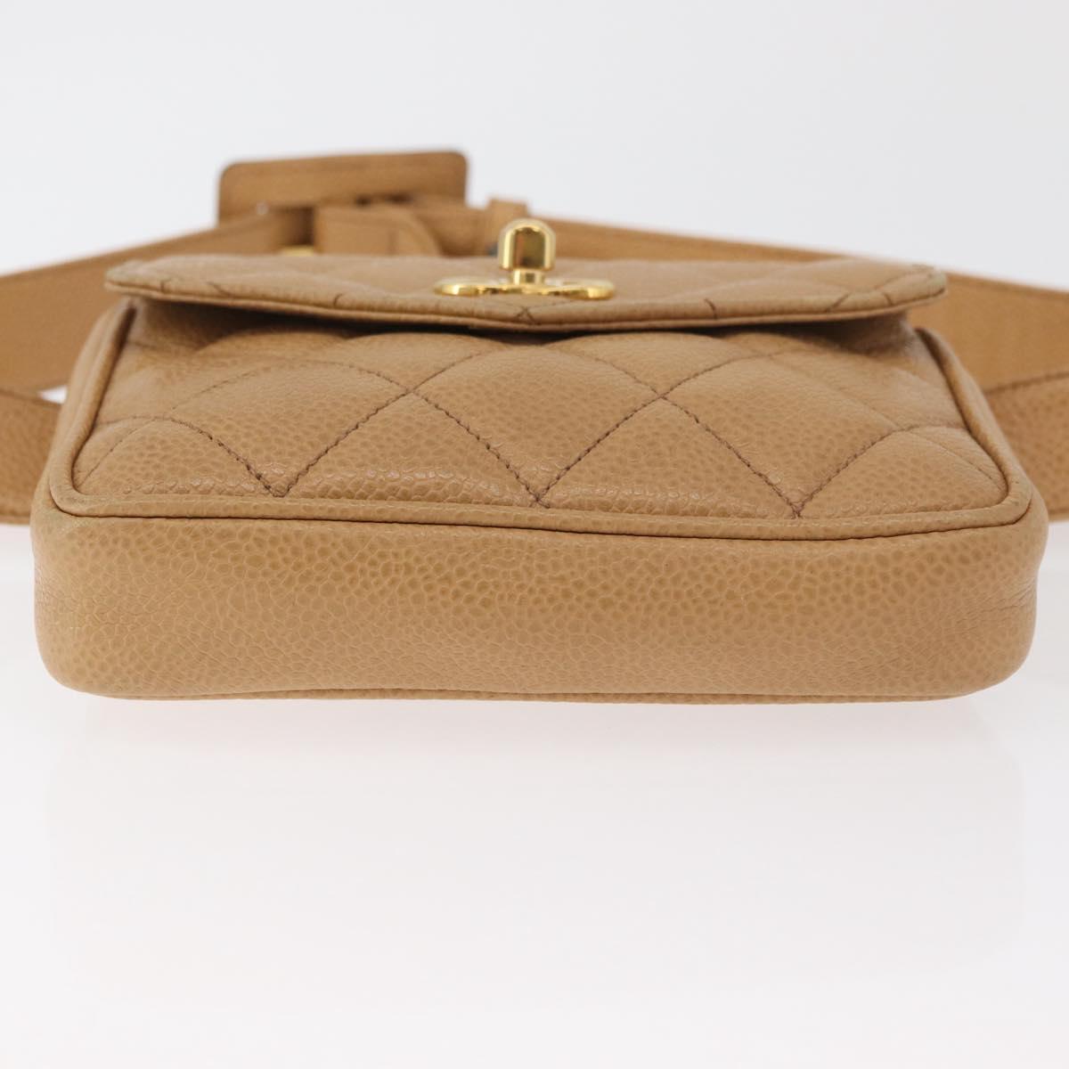 CHANEL Matelasse Waist Bag Caviar Skin Beige Gold CC Auth BA12986V