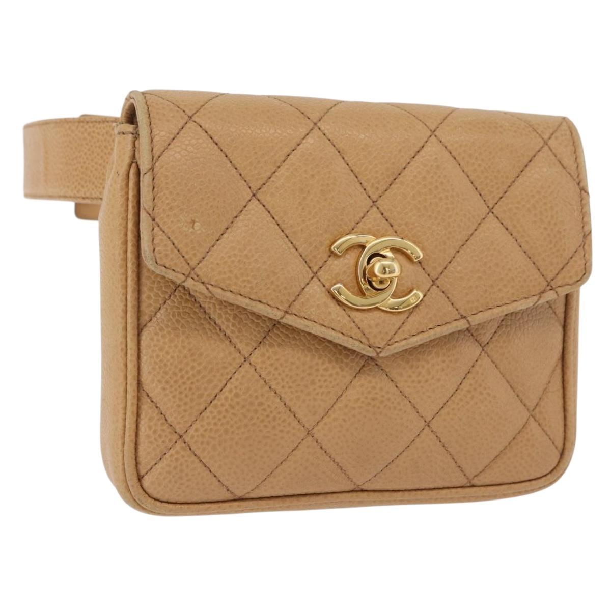 CHANEL Matelasse Waist Bag Caviar Skin Beige Gold CC Auth BA12986V