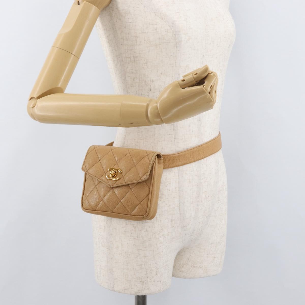 CHANEL Matelasse Waist Bag Caviar Skin Beige Gold CC Auth BA12986V