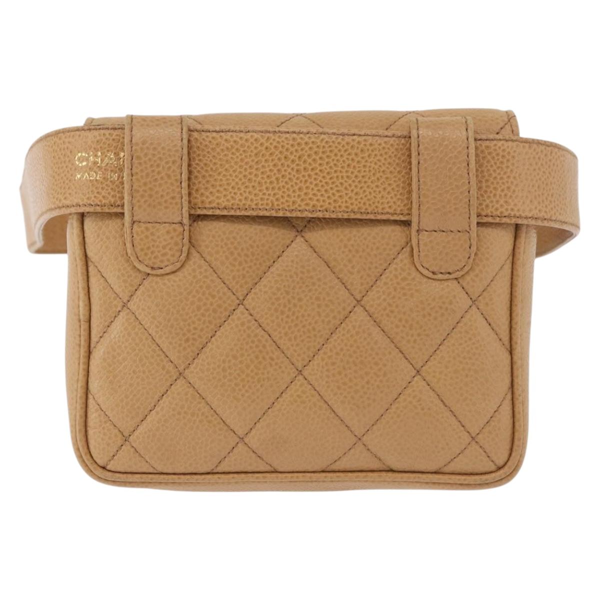 CHANEL Matelasse Waist Bag Caviar Skin Beige Gold CC Auth BA12986V