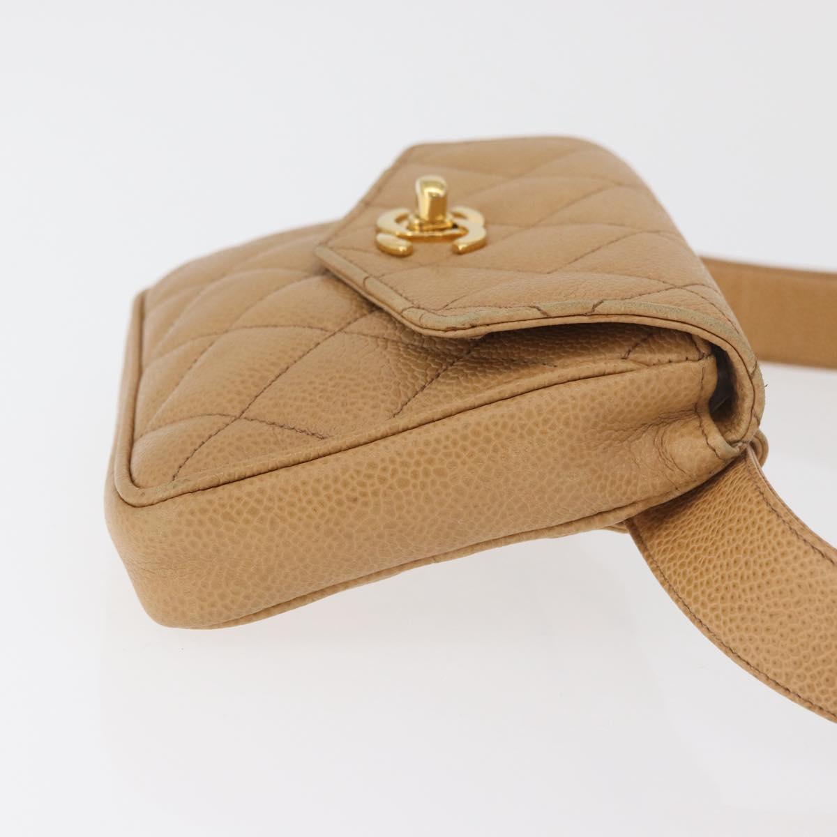 CHANEL Matelasse Waist Bag Caviar Skin Beige Gold CC Auth BA12986V