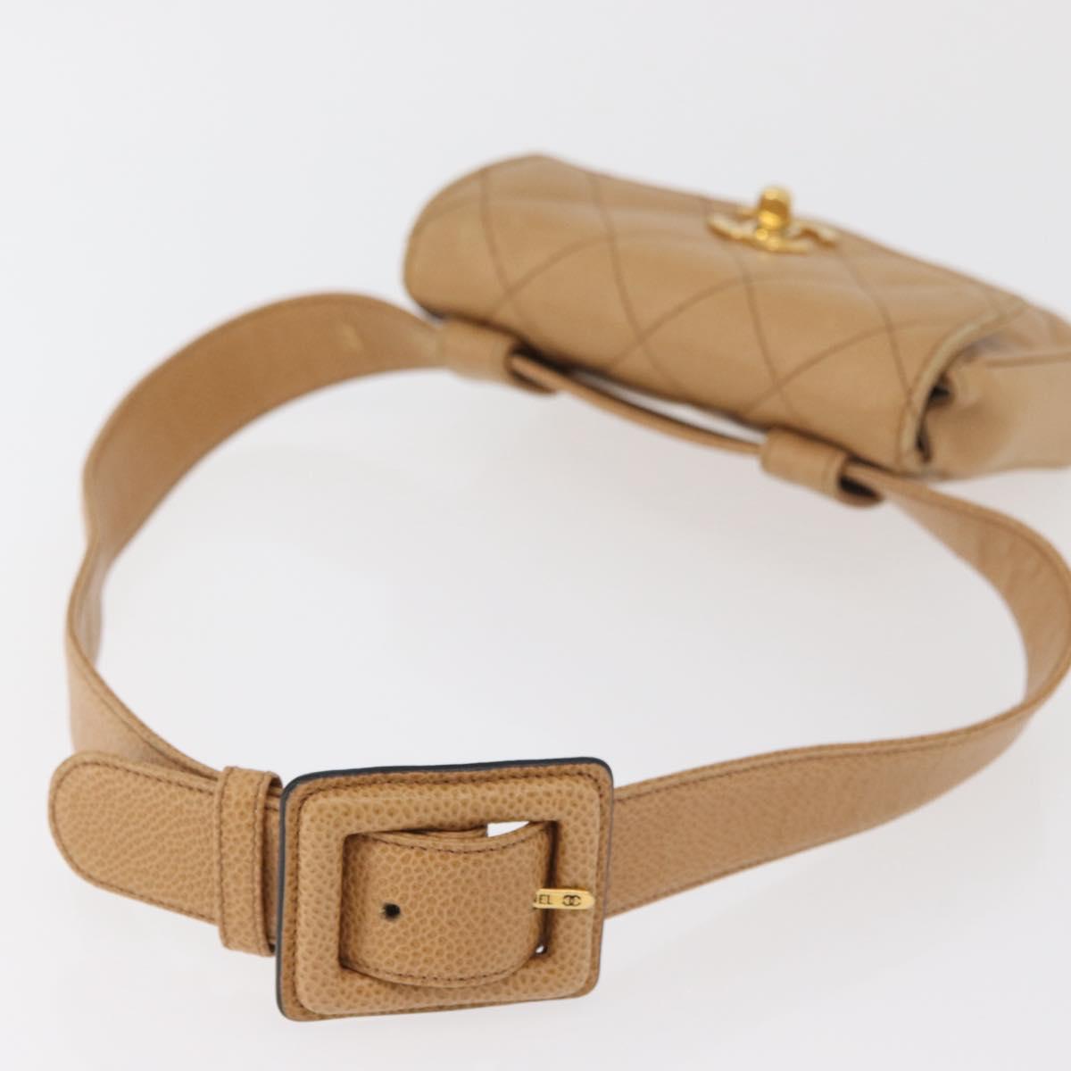 CHANEL Matelasse Waist Bag Caviar Skin Beige Gold CC Auth BA12986V