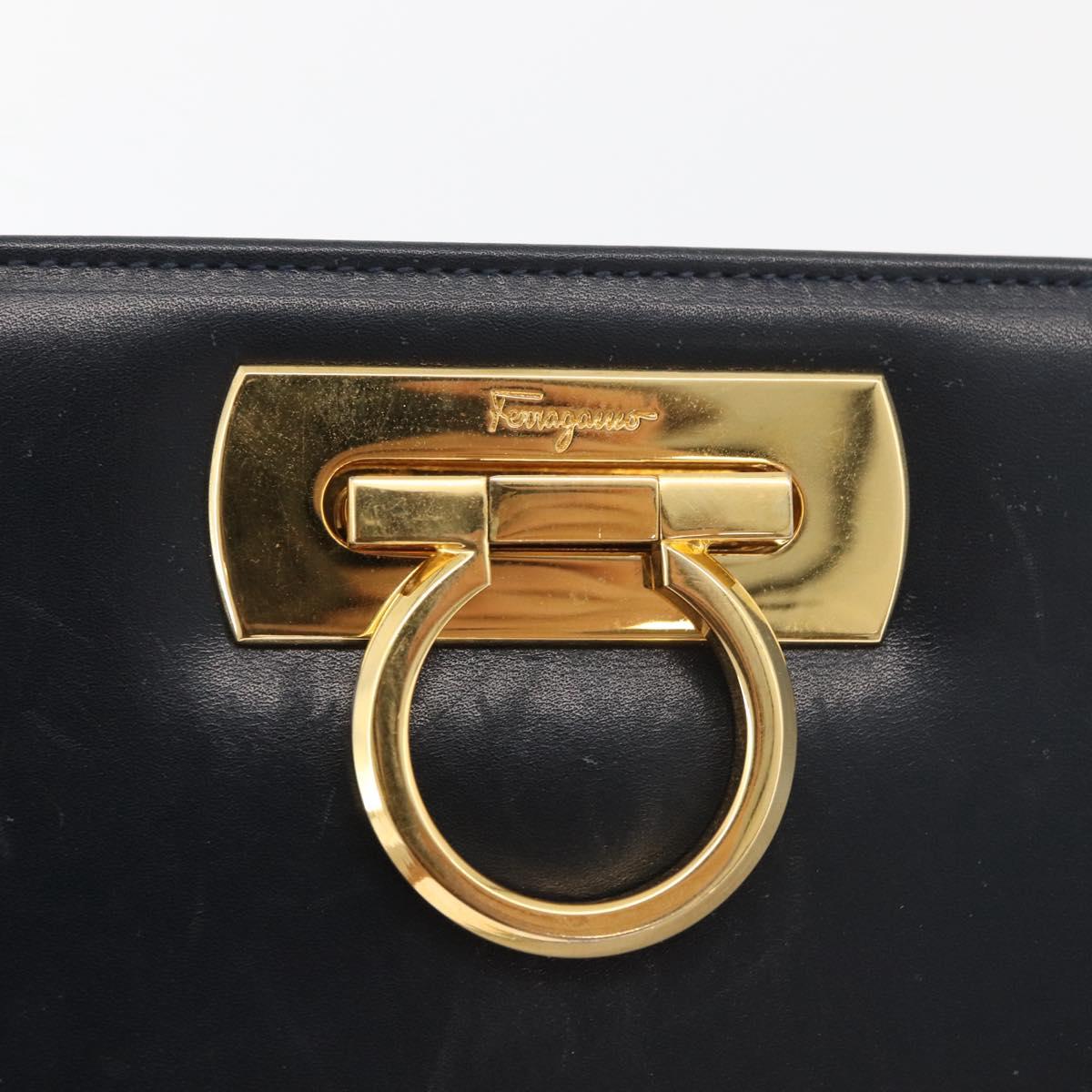 Salvatore Ferragamo Gancini Chain Shoulder Bag Leather Navy Gold Auth BA12988
