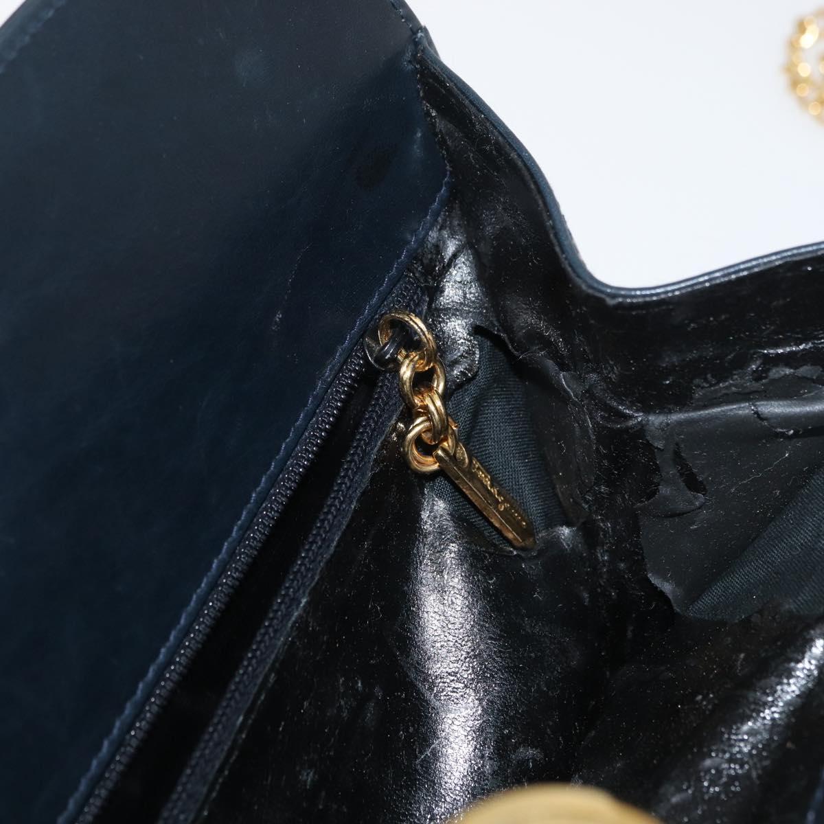 Salvatore Ferragamo Gancini Chain Shoulder Bag Leather Navy Gold Auth BA12988