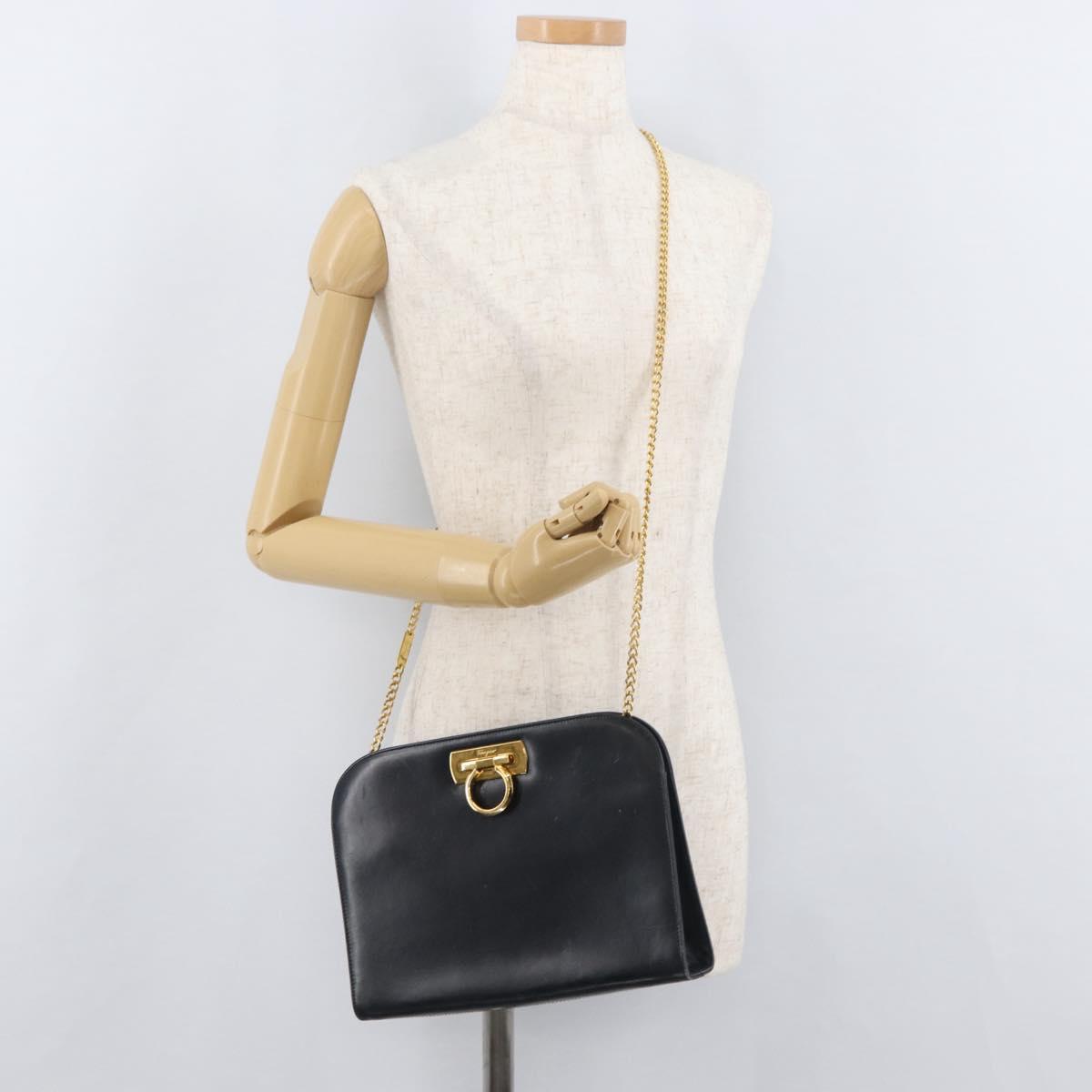 Salvatore Ferragamo Gancini Chain Shoulder Bag Leather Navy Gold Auth BA12988