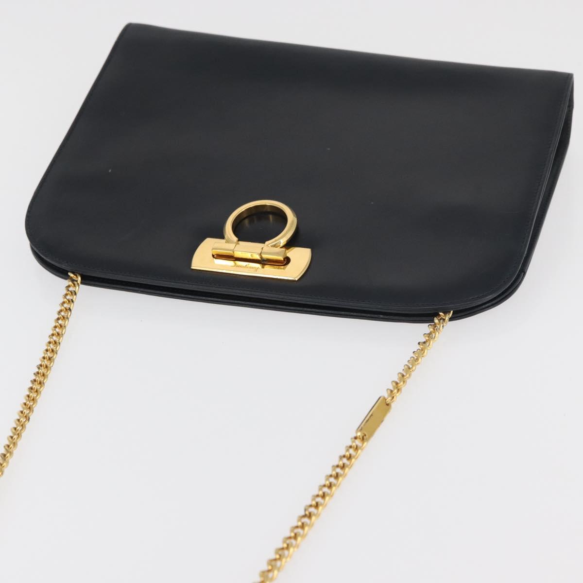 Salvatore Ferragamo Gancini Chain Shoulder Bag Leather Navy Gold Auth BA12988