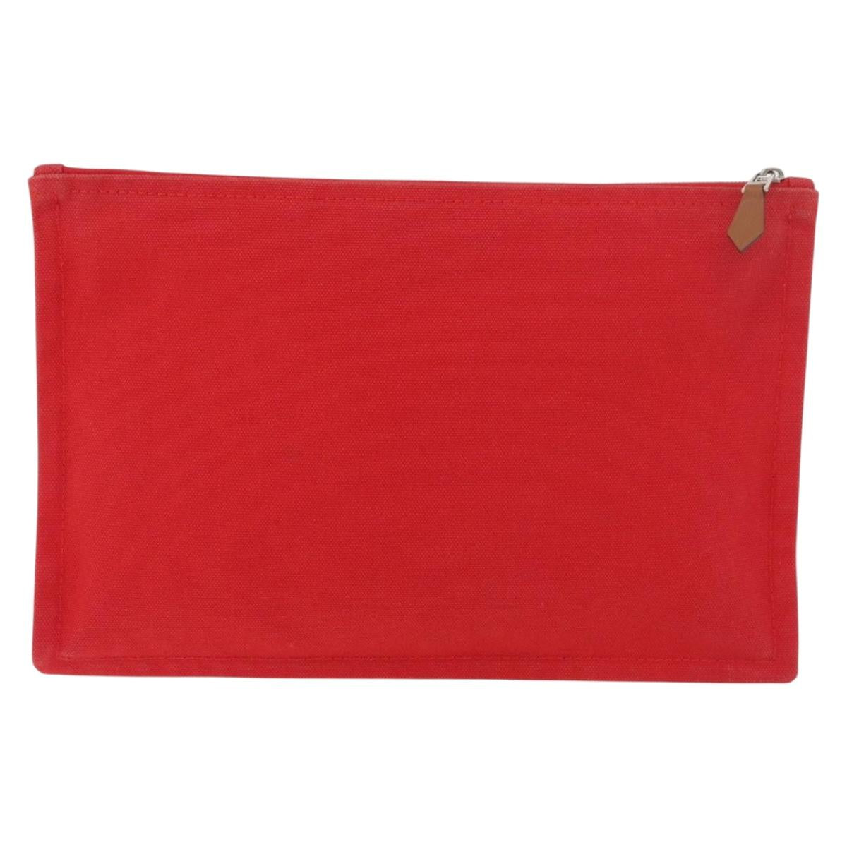 HERMES Pouch Clutch Bag Canvas Red Silver Auth BA12990