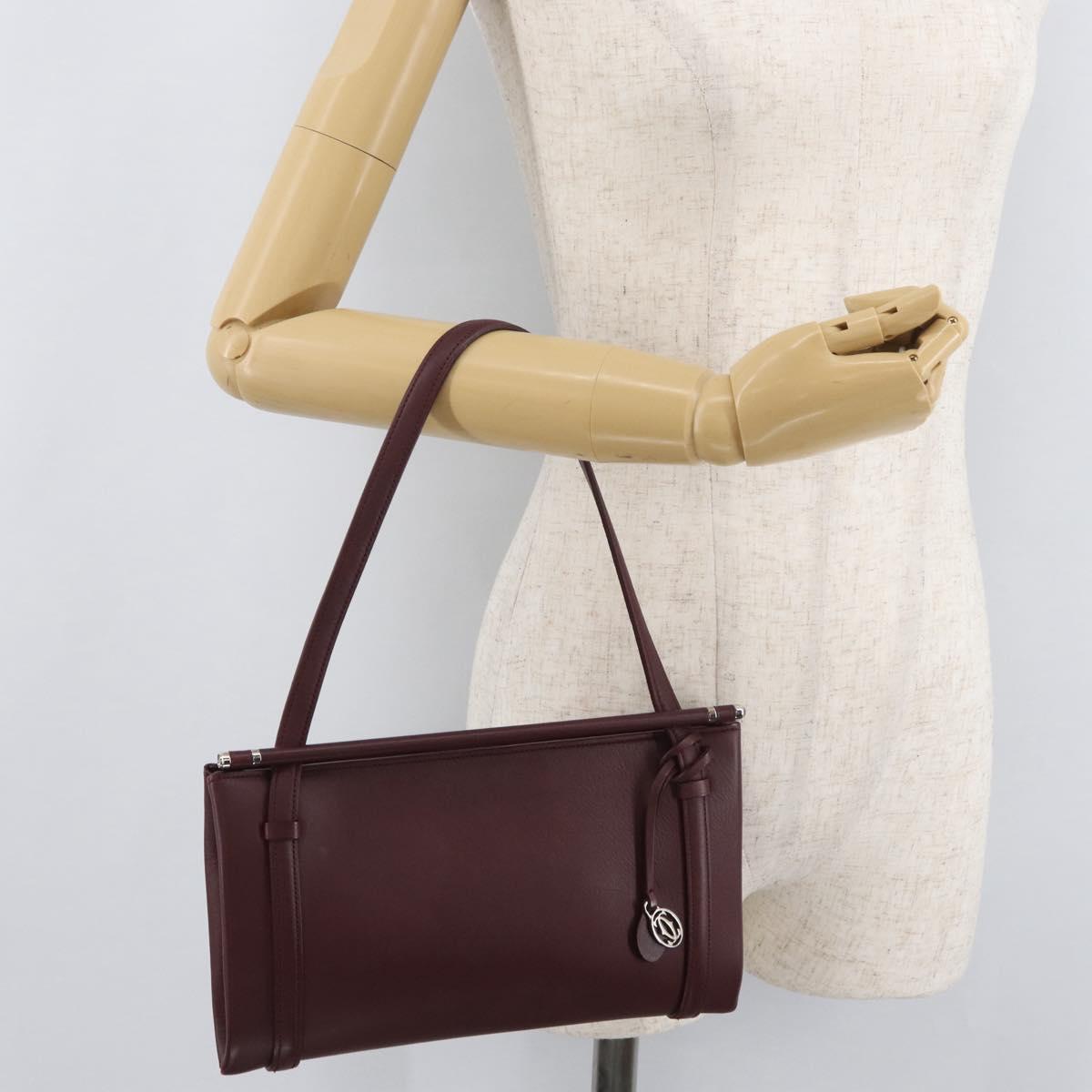 CARTIER Hand Bag Leather Bordeaux Silver Auth BA12993A
