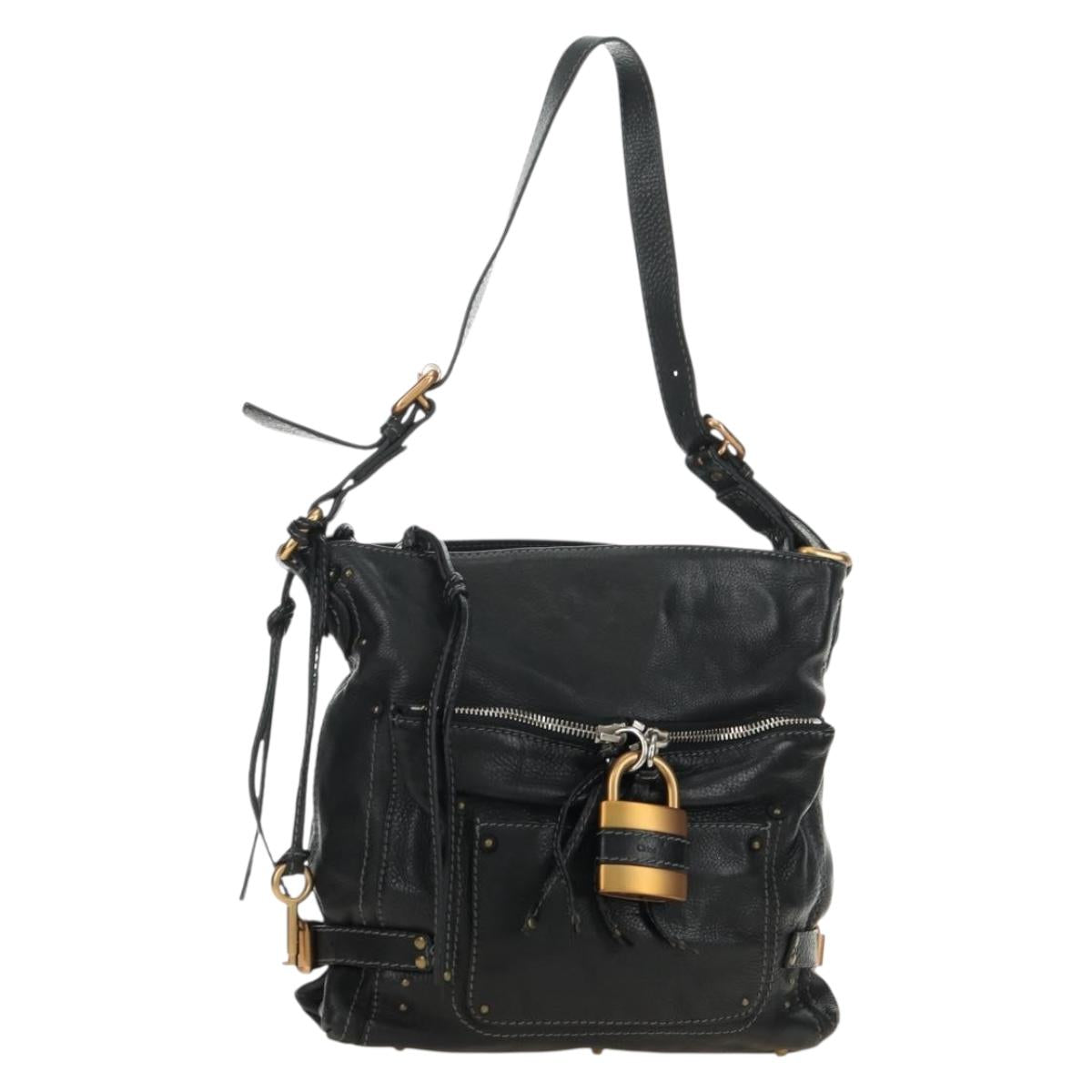 Chloe Paddington Shoulder Bag Leather Black Gold Silver Auth BA12997M