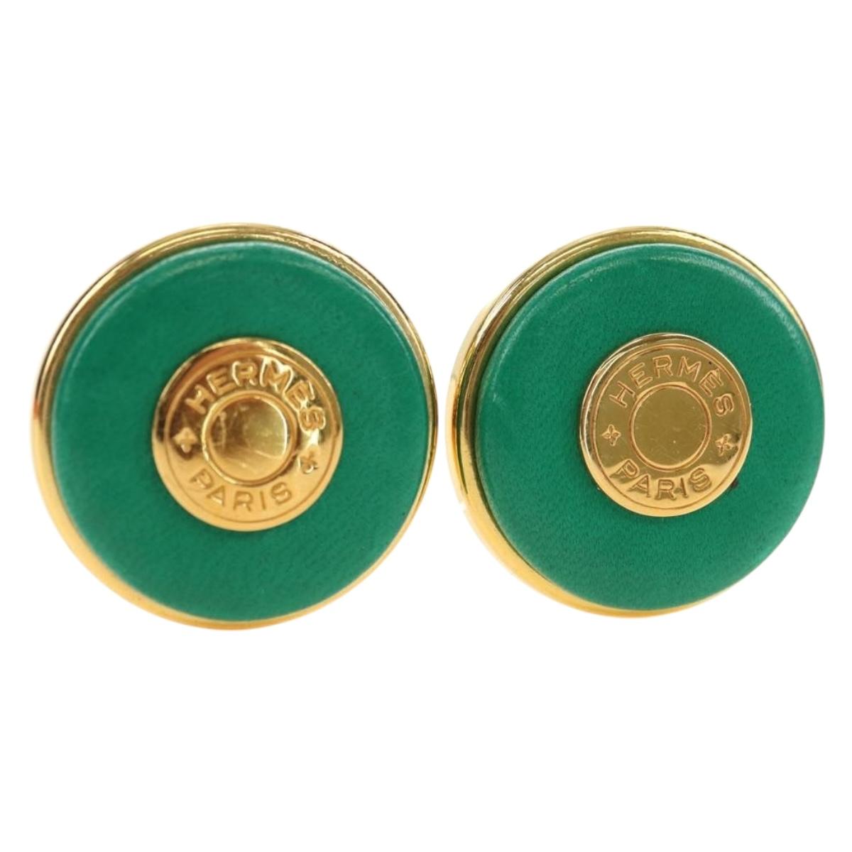 HERMES Serie Leather Earrings metal Green Auth BA12999V