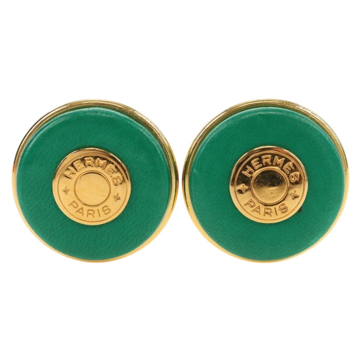 HERMES Serie Leather Earrings metal Green Auth BA12999V