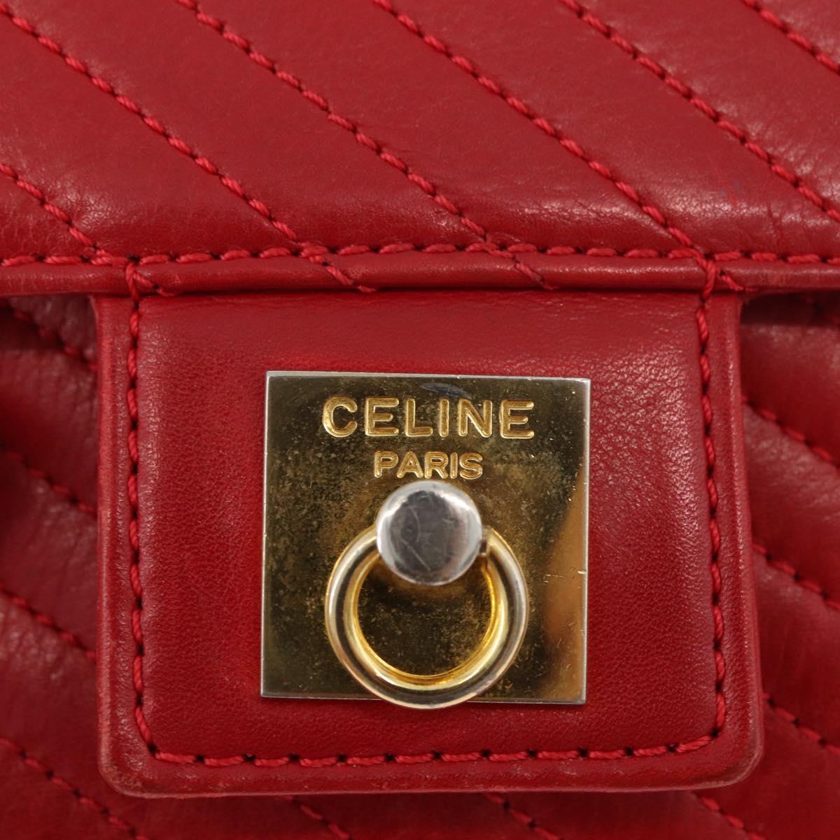 CELINE Chain Shoulder Bag Leather 2way Red Gold Auth BA13005