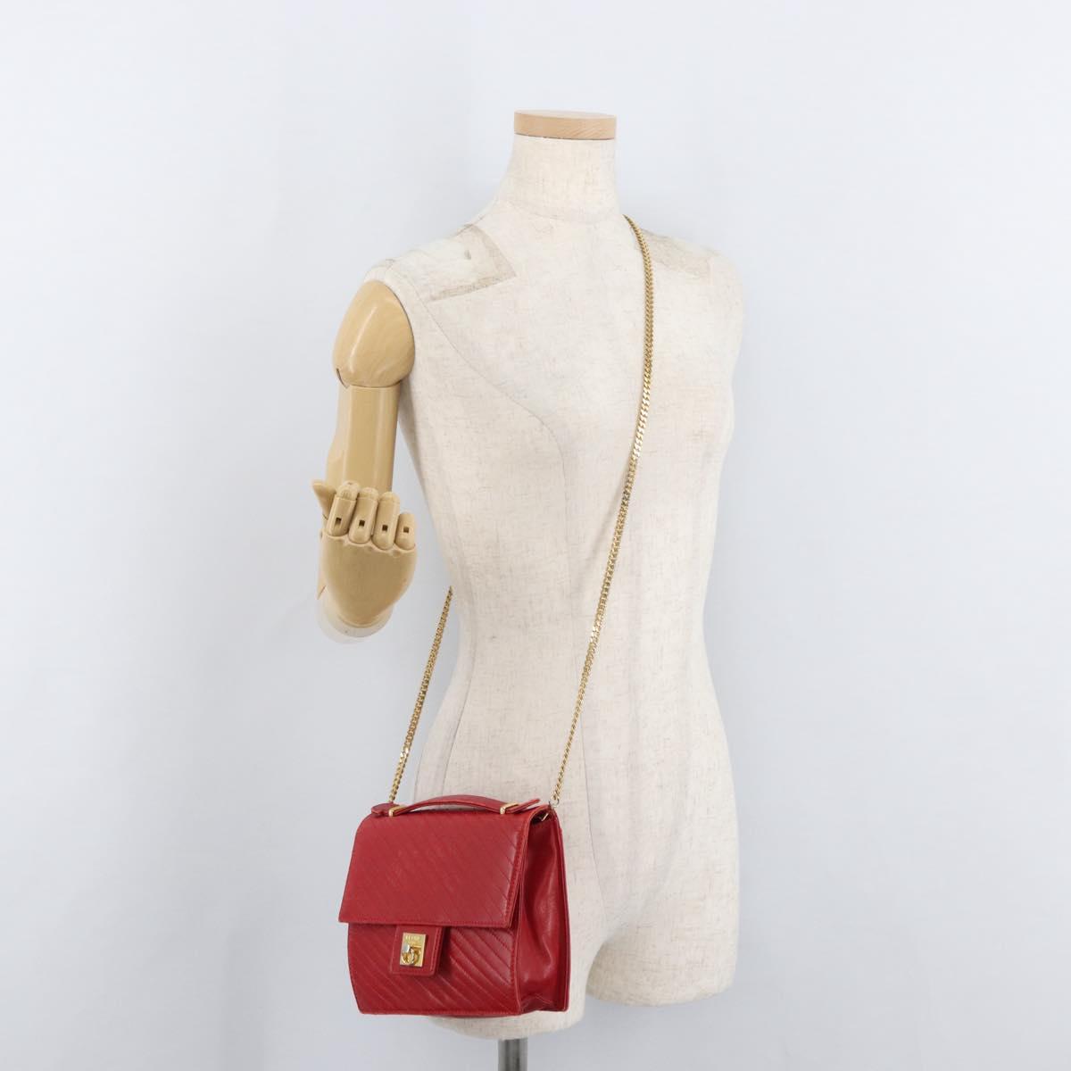 CELINE Chain Shoulder Bag Leather 2way Red Gold Auth BA13005