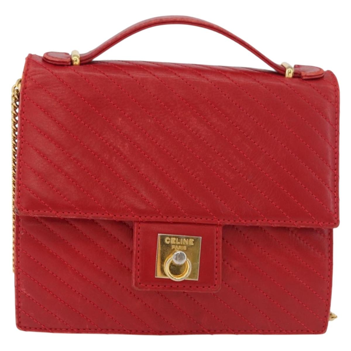 CELINE Chain Shoulder Bag Leather 2way Red Gold Auth BA13005