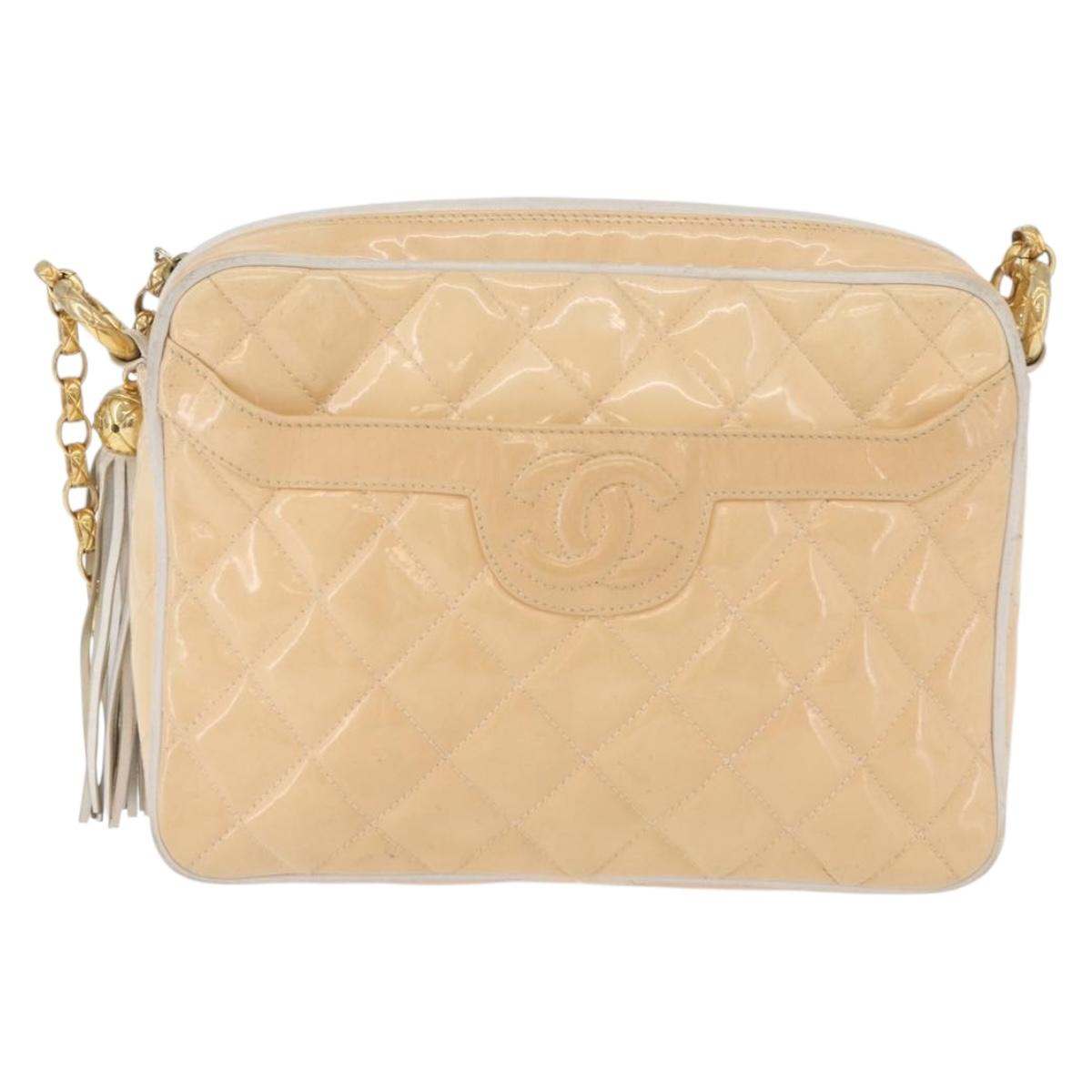 CHANEL Matelasse Chain Shoulder Bag Patent Leather Ivory Gold CC Auth BA13017