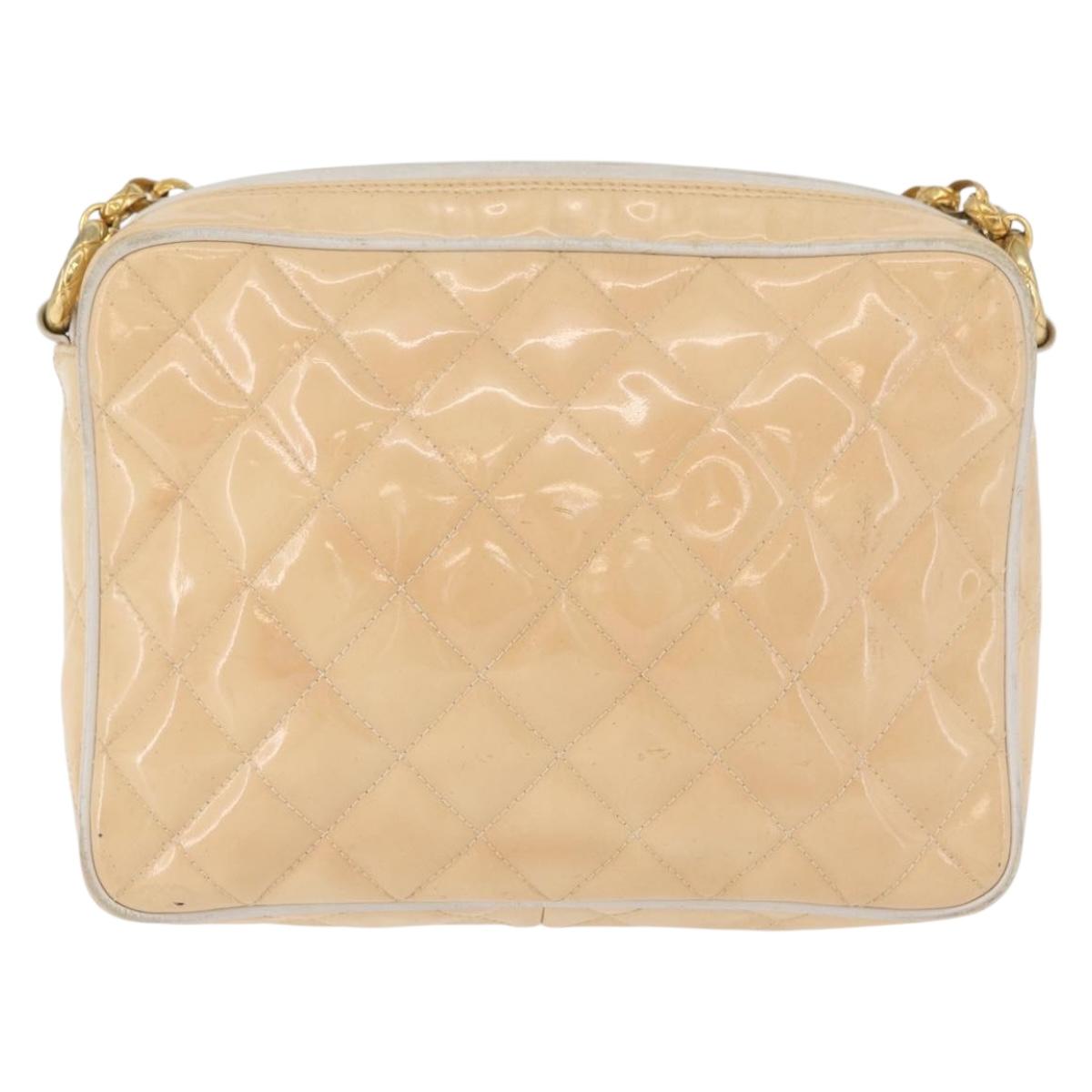CHANEL Matelasse Chain Shoulder Bag Patent Leather Ivory Gold CC Auth BA13017