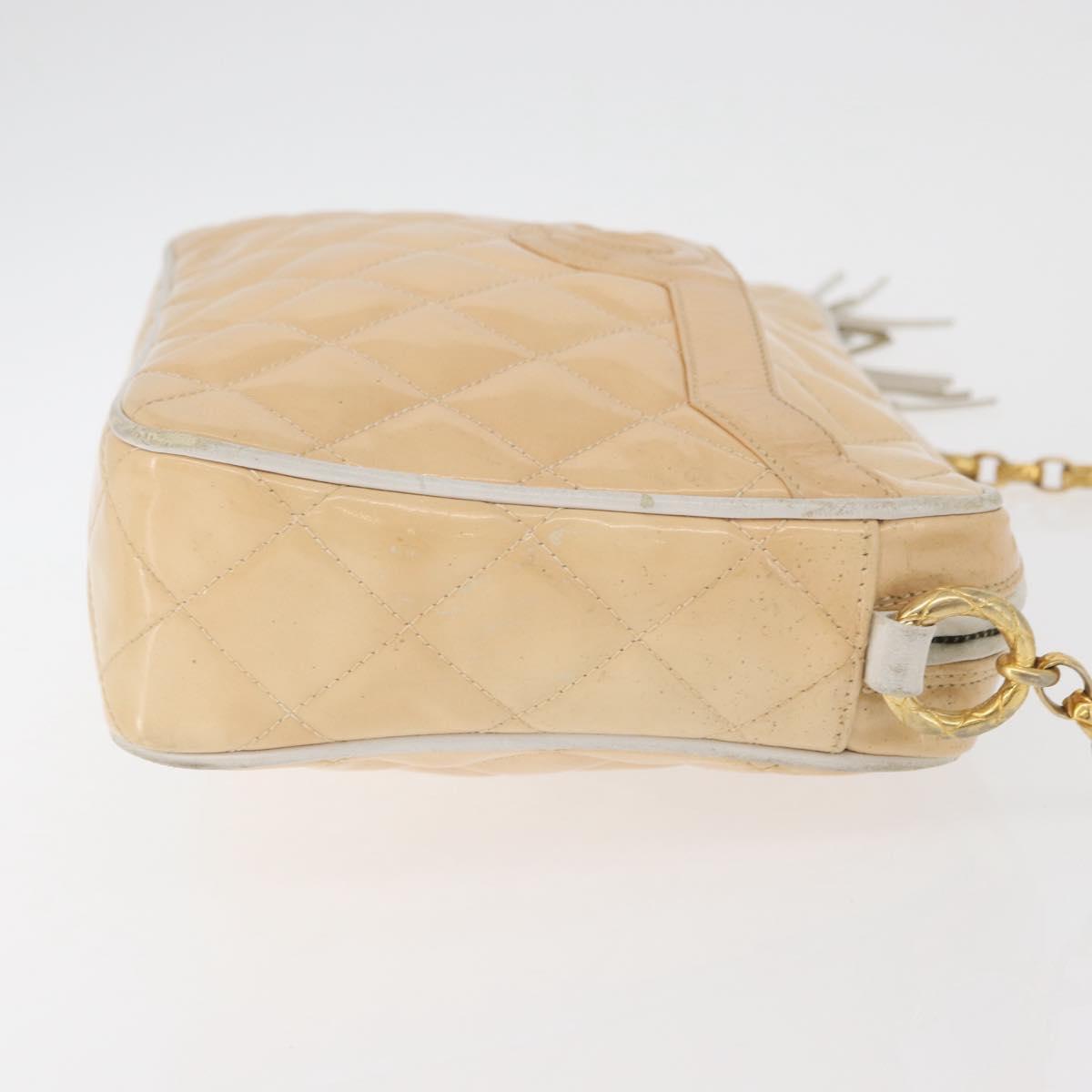 CHANEL Matelasse Chain Shoulder Bag Patent Leather Ivory Gold CC Auth BA13017