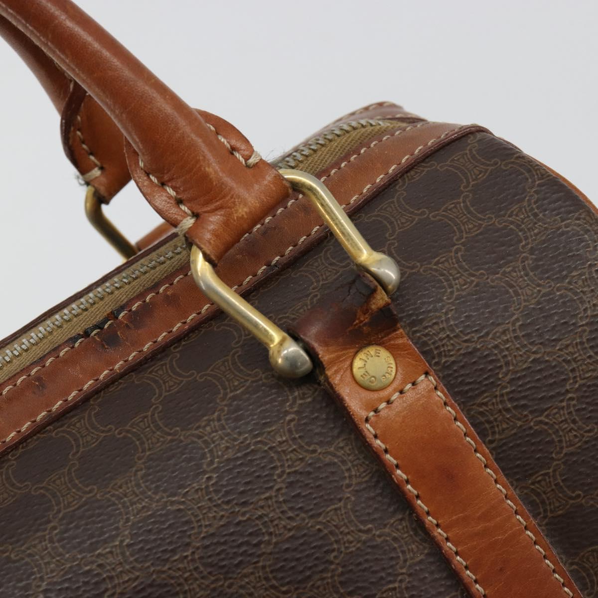 CELINE Macadam Canvas Boston Bag PVC Leather Brown Gold Auth BA13029