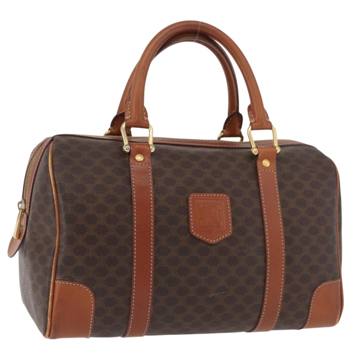 CELINE Macadam Canvas Boston Bag PVC Leather Brown Gold Auth BA13030